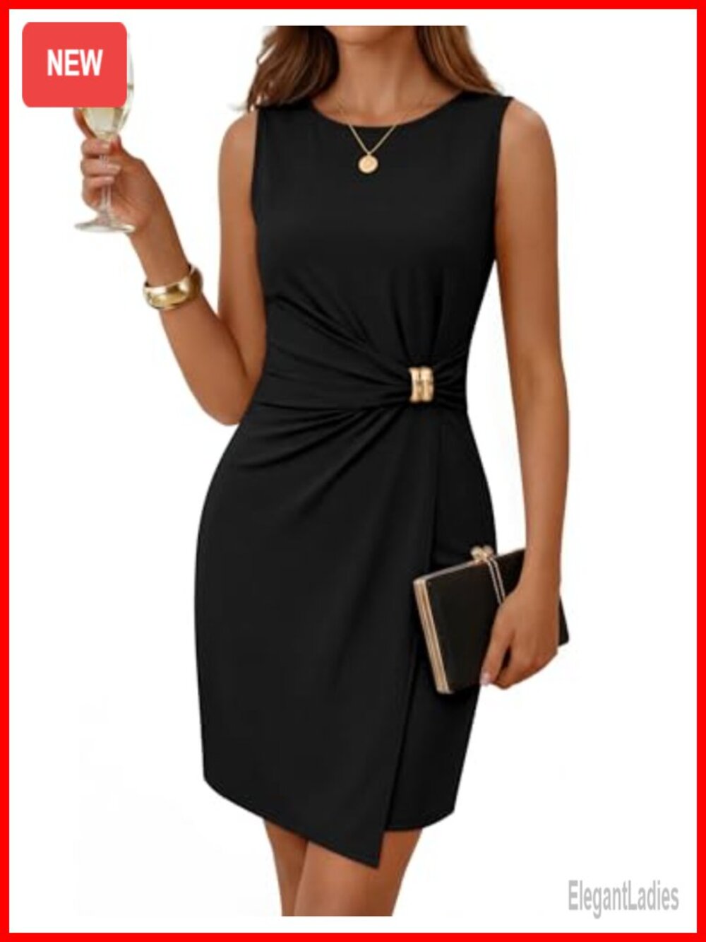 Sleeveless Bodycon Cocktail Dress with Gold Waist Feature - Knit Fabric